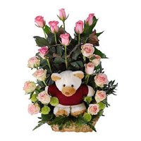 Flower Delivery in Bangalore : Pink Roses with Teddy to Bangalore