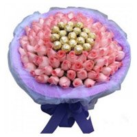 Send Online 50 Pink Roses 16 Pcs Ferrero Rocher Bouquet and Gifts in Bangalore on Friendship Day