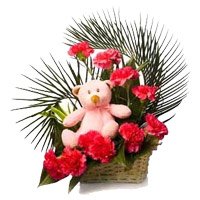 Same Day Flowers Delivery in Bangalore. Order Red Carnation Small Teddy Basket of 12 Flowers Bangalore