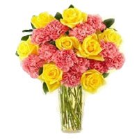 Online Flowers for friend on Friendship Day, Pink Carnation Yellow Rose in Vase 24 Flowers to Bengaluru