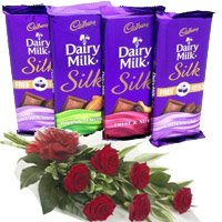 Online Gift Shops in Bangalore to send 4 Cadbury Dairy Milk Silk Chocolates to Bangalore with 6 Red Roses