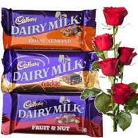 Send 4 Dairy Milk Silk Chocolates With 5 Red Roses as Gifts to Bangalore for Friendship Day