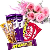 Send Friendship Day Gift to Bangalore. order Twin Five Star, Dairy Milk, Munch, Kitkat Chocolates with 5 Pink Roses