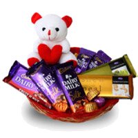 Friendship Day Gift Delivery Bengaluru. Dairy Milk, Silk, Temptation Chocolates and 6 Inch Teddy Basket