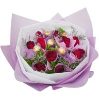 Friendship Day Gift Delivery in Bangalore. 12 Red Roses 5 Ferrero Rocher Bouquet