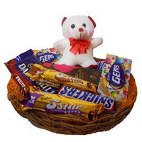 Gifts to Bangalore Midnight Delivery for Basket of Exotic Chocolates and 6 Inch Teddy for Friendship Day