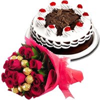 Gifts to Bangalore Midnight Delivery to send Online 16 pcs Ferrero Rocher 30 Red Roses Bouquet 1/2 Kg Black Forest Cake