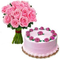 Send 1/2 Kg Strawberry Cake 12 Pink Roses Bouquet Bangalore