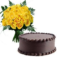 Deliver Diwali Gifts to Bangalore Consist of 1/2 Kg Chocolate Cake with 18 Yellow Roses Bouquet