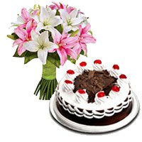 Online Flower delivery in Bangalore for 6 Pink White Lily Stem 1/2 Kg Black Forest Cake