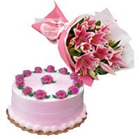 Online Gifts Delivery in Bangalore to deliver 5 Pink Lily Bouquet 1/2 Kg Strawberry Cake