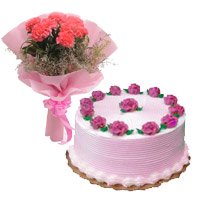 Deliver Online Flowers to Bangalore on Friendship Day. 6 Pink Carnation 1/2 Kg Strawberry Cake