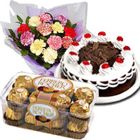 Deliver 12 Mix Carnation with 1/2 Kg Black Forest Cake and 16 Pcs Ferrero Rocher Chocolates in Bangalore for Diwali