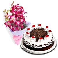 Send 5 Purple Orchids Bunch 1/2 Kg Black Forest Cake to Bangalore