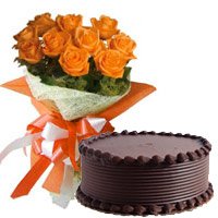 Send 10 Orange Roses 1/2 Kg Chocolate Cake to Bangalore Same Day