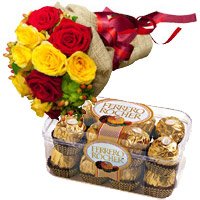 Order 12 Red Yellow Roses Bunch 16 Pcs Ferrero Rocher Chocolates in Bangalore. Free New Year Gifts Delivery in Bangalore