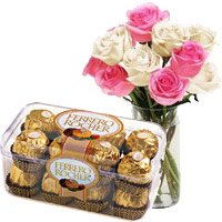 Send 10 Pink White Roses Vase 16 Pcs Ferrero Rocher Chocolate to Bangalore