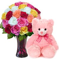Deliver 24 Mix Roses Vase Flower Bangalore, 6 Inch Teddy Bear to Bangalore