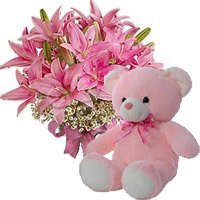 Send 6 Oriental Pink Lily, 6 Inch Teddy Bear Bangalore