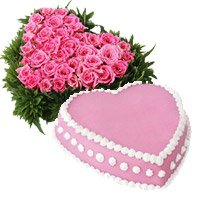 Place Online Order to Send Diwali Cakes to Bangalore including 36 Pink Roses Heart 1 Kg Eggless Strawberry Cake in Bengalur