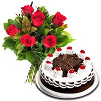 Order 6 Red Roses 1/2 Kg Black Forest Cake in Bangalore for Friendship Day