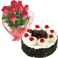 Friendship Day Gifts to Bengaluru. Deliver 1 Kg Black Forest Cake 12 Red Roses Bouquet Bangalore