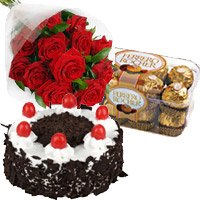 Deliver 12 Red Roses with 1 Kg Cake and 16 pcs Ferrero Rocher Chocolates and Rakhi Gifts to Bangalore