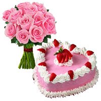 Same Day Cake Delivery to Bangalore for 1 Kg Strawberry Cake 12 Pink Roses Bouquet