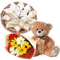 Send 12 Gerbera Bouquet Bangalore, 1/2 Kg Kaju Burfi, 1 Teddy Bear 