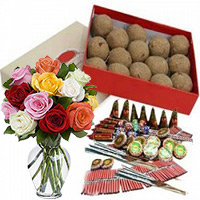 Diwali Gift Same Day Delivery in Bangalore. 500gm Atta Laddoos and 12 Mix Roses in Glass Vase with Assorted Crackers worth Rs 1800