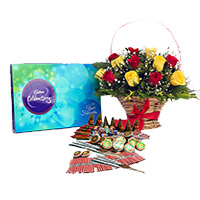 Send Diwali Gifts to Bangalore with Crackers 1 containing Celebration Pack and 18 Red Yeloow Mix Flowers Basket with Assorted Crackers worth Rs 1200