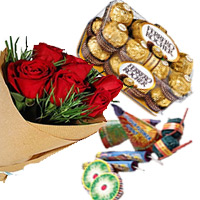 Diwali Gifts Delivery in Bangalore deliver to 16 Pcs Ferrero Rocher and 12 Red Roses Bunch with Assorted Crackers worth Rs 500
