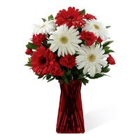 Send Red White Gerbera Carnation in Vase 12 Flowers in Bengaluru on Friendship Day