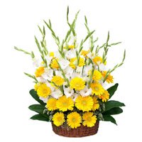 Send Yellow Gerbera White Glad Basket 30 Flowers to Bengaluru Online for Friendship Day