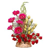 Send Pink Gerbera Yellow Red Roses Basket 30 Flowers to Bengaluru on Friendship Day