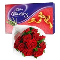 Cadbury Celebration Pack with 12 Red Roses Bunch, Rakhi Flowers Delivery in Bangalore