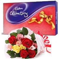 Rakhi Gifts to Bangalore with 12 Mix Roses Bouquet with Cadbury Celeberation Pack