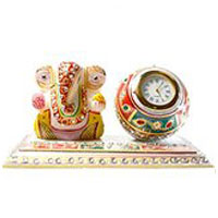 Online Diwali Gifts in Bangalore contains Ganesh and Clock in Marble