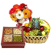 Send Bunch of 12 Mix Gerberas with 3 kg Fresh fruit Basket Bangalore and 0.5 kg Mixed Dry fruits