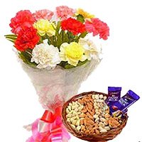 Christmas Gifts in Bangalore consisting 2 Dairy Milk Chocolates with 12 Mixed Flowers Bouquet and 1/2 Kg Assorted Dry Fruits to Bangalore