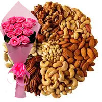 Order 12 Pink Roses with 500 gm Mixed Dry Fruits in gifts to Bangalore