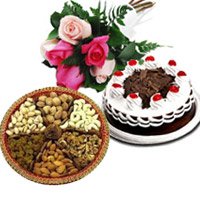 buy online 500 gm Mix Dry Fruits in Bengaluru with 6 Mix Roses plus 1/2 Kg Black Forest Cake to Bengaluru