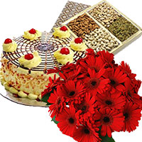Place Order for 500 gm Butter Scotch Cake 12 Mix Gerbera Bouquet to Bangalore. Dry Fruits to Bangalore