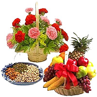 12 Mix Carnations Basket with 500 gm Mix Dry Fruits and 1 Kg Fresh Fruits Basket and Gifts in Bangalore
