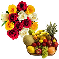 Place Online Order for 12 Mix Roses Bunch with 2 Kg Fresh Fruits Basket and Gifts to Bangalore