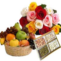 Send Gifts Bangalore Same Day Delivery, Send 12 Mix Roses Bunch with 1 Kg Fresh Fruits Basket and 500 gm Mix Dry Fruits to Bangalore
