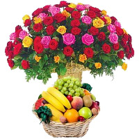 Order 50 Mix Roses Basket with 2 Kg Fresh Fruits Basket as Gifts in Bangalore