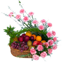 Send Gifts to Bangalore, 20 Pink Carnations Arrangement with 2 Kg Fresh Fruits Basket
