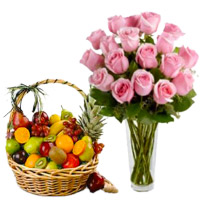 Send 12 Pink Roses in Vase with 1 Kg Fresh Fruits Basket in Bangalore