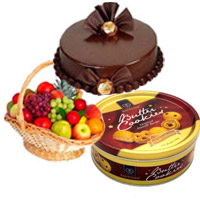 Free Gift Delivery in Bangalore for 1 Kg Fresh Fruits Basket with 500 Chocolate Truffle Cake and Butter Cookies